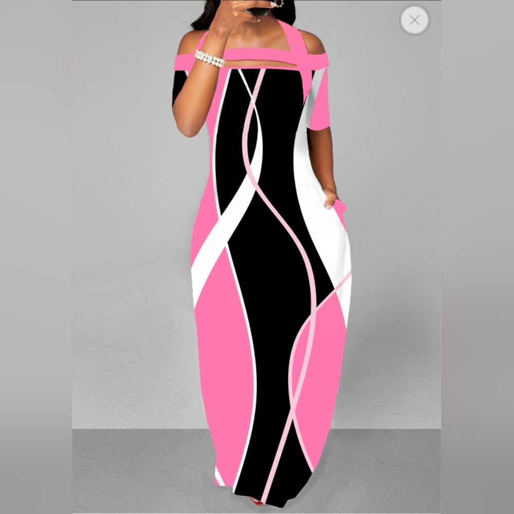 Elegant Pink and Black Off-Shoulder Dress